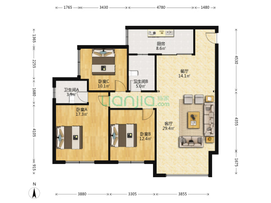 富华大厦 3室2厅2卫 118平方