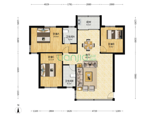 教师小区 3室1厅2卫 104平方