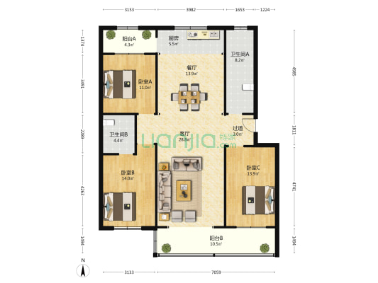 艳阳天小区 3室2厅2卫 146平方