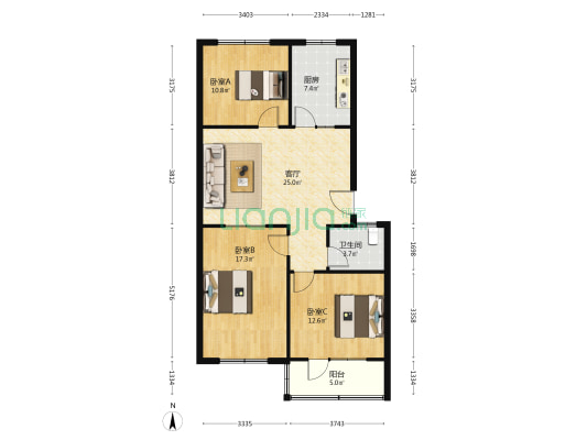 二建宿舍 3室1厅1卫 103平方