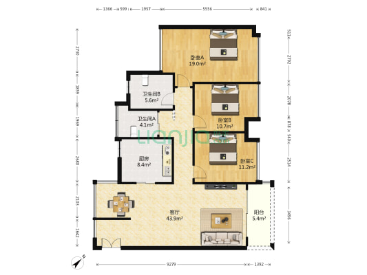 星航华府三期 3室1厅2卫 119平方