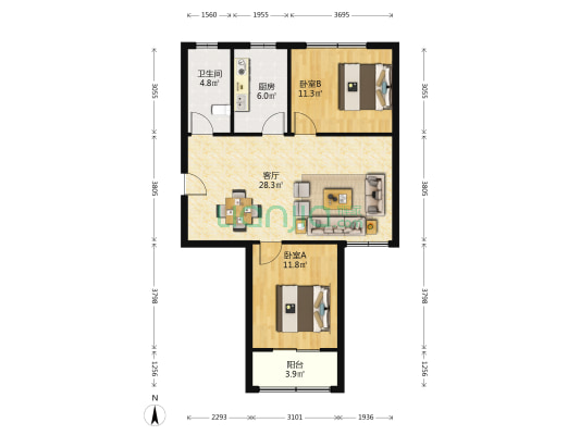 十里锦苑 2室1厅1卫 90平方