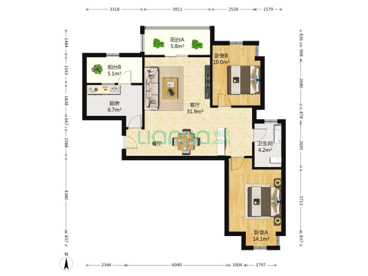 雍景新城 2室1厅1卫 88平方