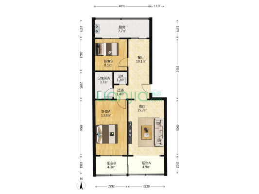 靖远路小区 2室2厅2卫 90平方