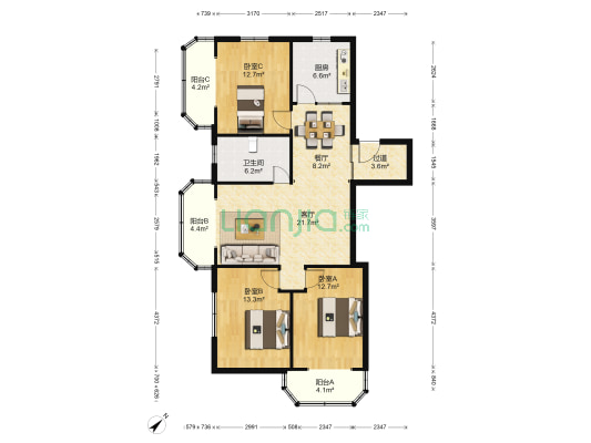 长芝大厦 3室2厅1卫 136平方