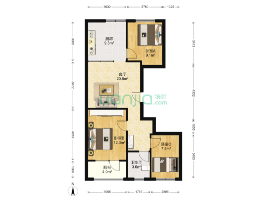 朗诗未来之家A区 3室1厅1卫 95平方