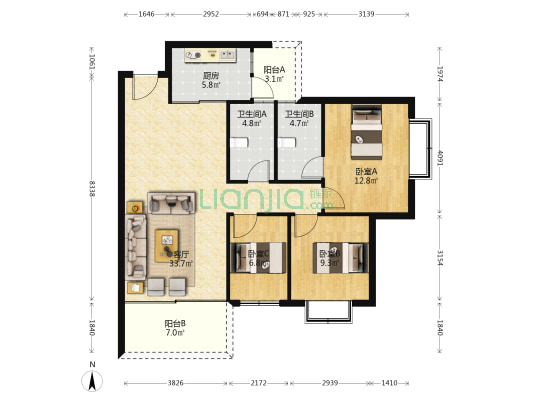 盛安居 3室1厅2卫 109平方