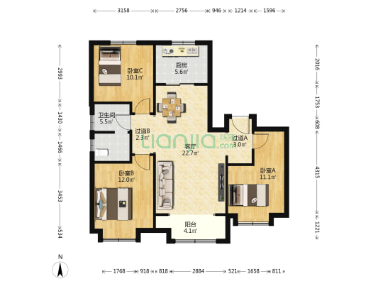 海富园 3室1厅1卫 110平方