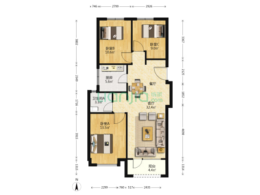 亿达河口湾南区 3室1厅1卫 96平方