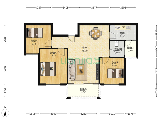 沃家苑 3室1厅1卫 100平方