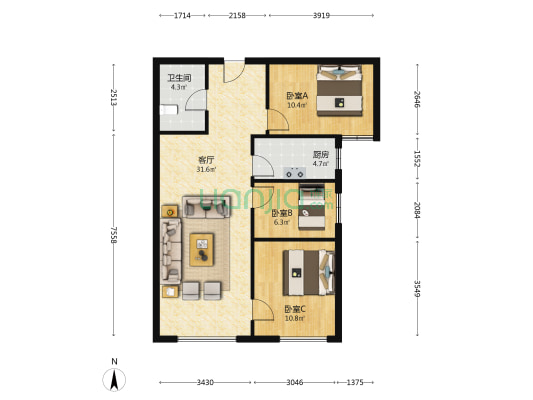 鸿坤理想湾全阳三居室，采光视野好，楼栋位置好-户型图