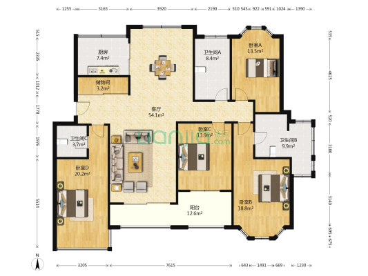 阳光新天地 4室1厅3卫 184平方