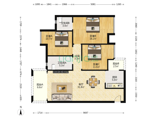 佰盛隆湖盛璟二期 3室1厅2卫 119平方