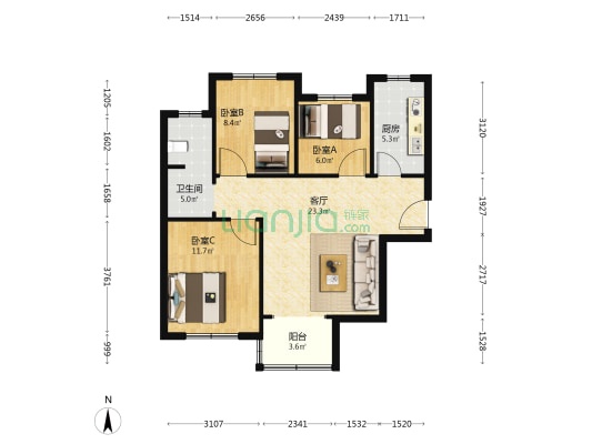 聚福园二期 3室1厅1卫 90平方
