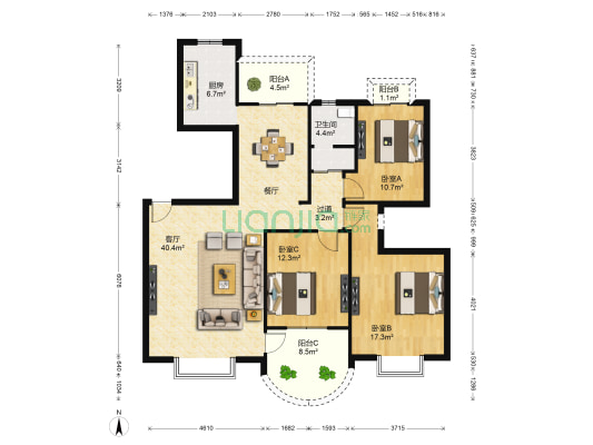 联发江岸汇景 3室1厅1卫 139平方