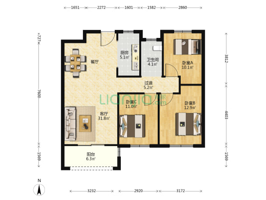 鼎立国际城G区 3室1厅1卫 115平方