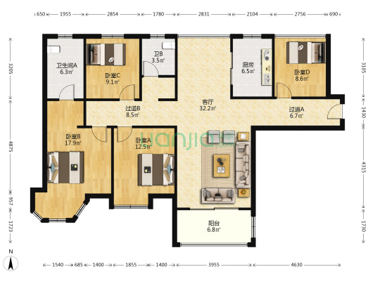 中南世纪城康城三期 4室1厅2卫 137平方