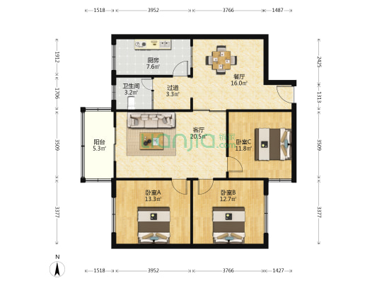 天马小区 3室2厅1卫 110平方