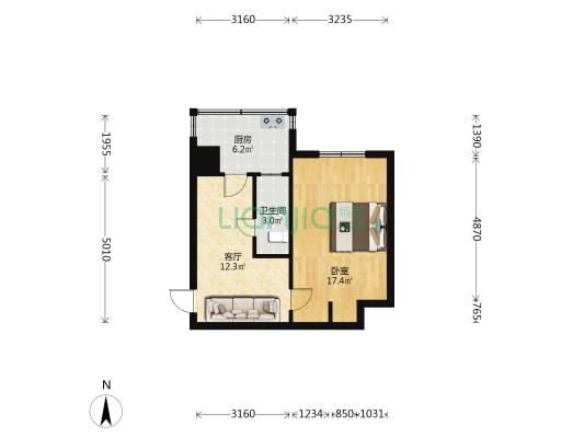 团省委宿舍 1室1厅1卫 44平方