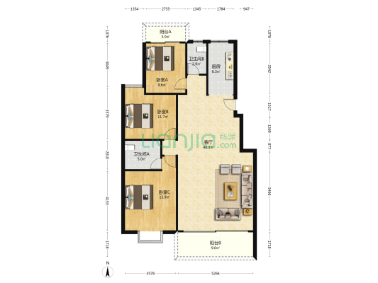 盛湘家园 3室1厅2卫 126平方
