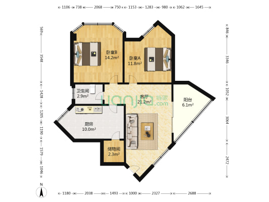 莲花北路21号  2室1厅1卫 84平方