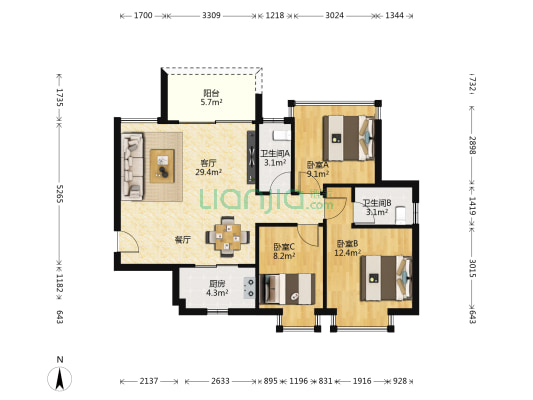 荔景园 3室1厅2卫 88平方