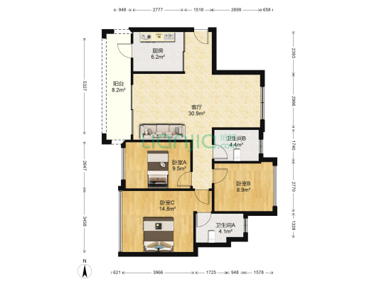 龙光城北十二期 3室1厅2卫 109平方