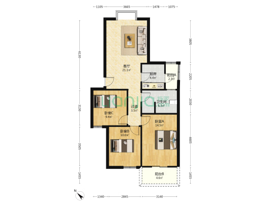 侯家花园 3室1厅1卫 90平方
