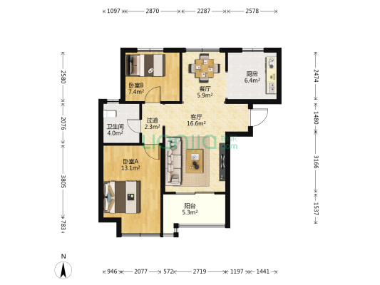 海和花园 2室2厅1卫 90平方