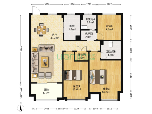 荣安诚品园 3室1厅3卫 111平方
