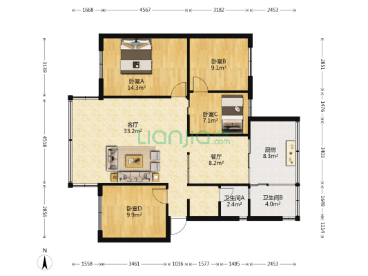 云南交通机械厂宿舍 4室2厅2卫 90平方