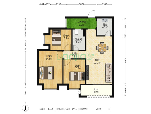 绿地曦园小区 3室1厅1卫 94平方