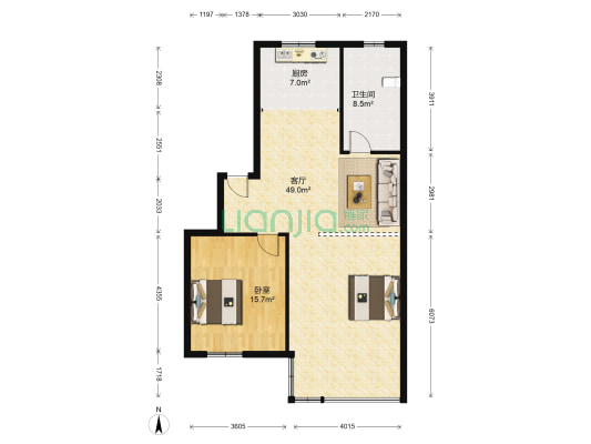 彩虹苑 1室1厅1卫 91平方
