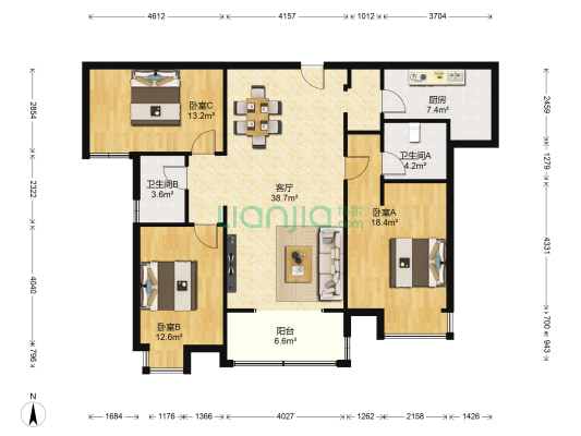中国铁建国际城曦园 3室1厅2卫 128平方