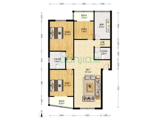 和谐小区 3室1厅2卫 140平方
