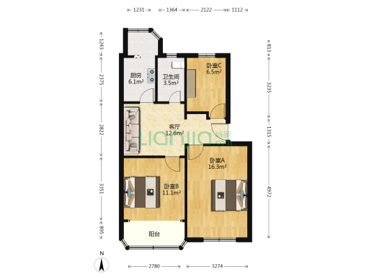 丽泽公寓 3室1厅1卫 70平方