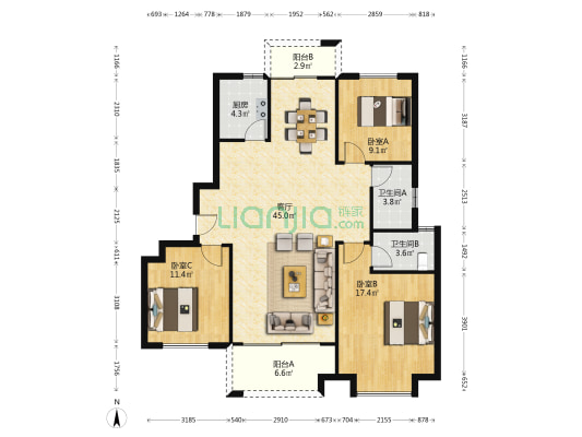 荣盛城 3室1厅2卫 138平方