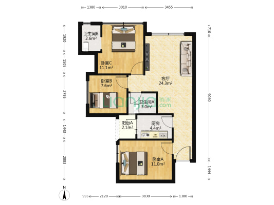 阳光1519云梦州 3室1厅2卫 69平方