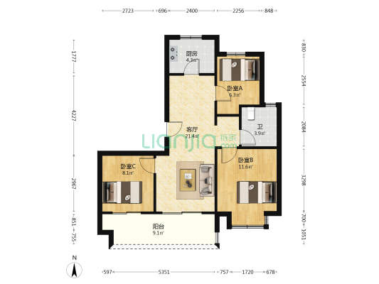 胡宿联庭 3室1厅1卫 97平方