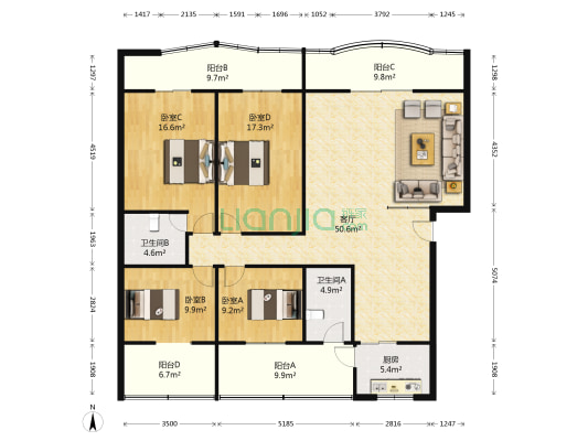 荷花池公寓 4室1厅2卫 156平方