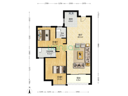 江宸佳园 2室1厅2卫 95平方