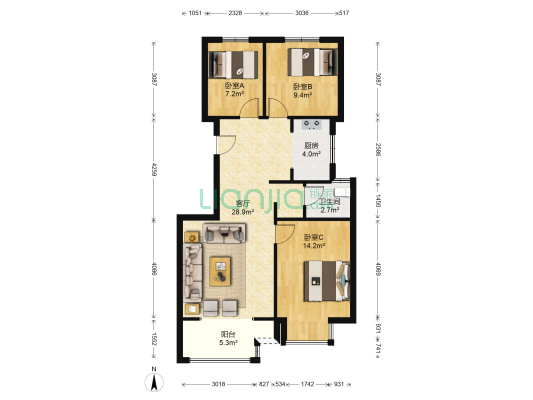 天地新城  南北通透三居室  有钥匙随时可看房-户型图