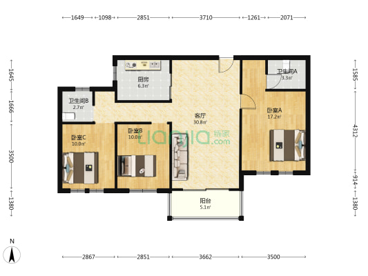 瀚华苑 3室1厅2卫 122平方
