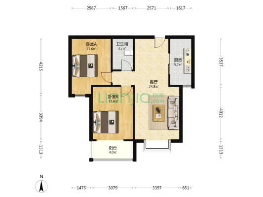 名流美域 2室1厅 南-户型图