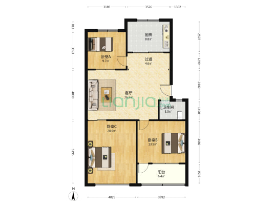 卫生学校宿舍 3室1厅1卫 113平方