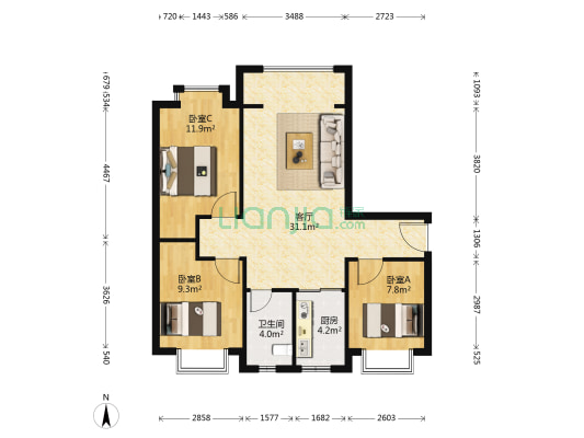 中铁诺德滨海花园C区 3室1厅1卫 95平方