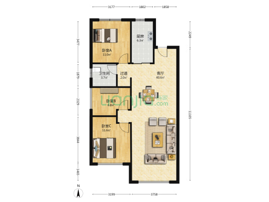华润置地崑崙御 3室1厅1卫 119平方