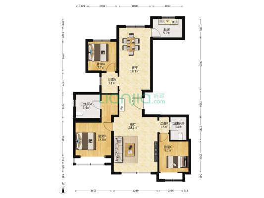 中铁华侨城和园 3室2厅2卫 152平方