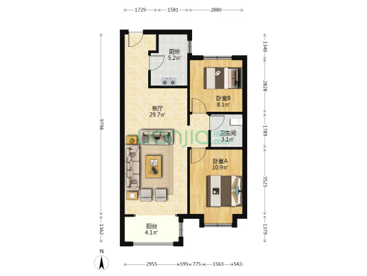 潮白河孔雀城逸翠园 2室1厅1卫 86平方