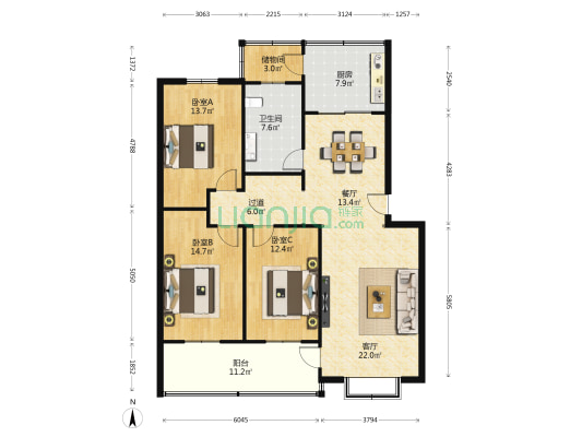 柳泉家园 3室2厅1卫 130平方